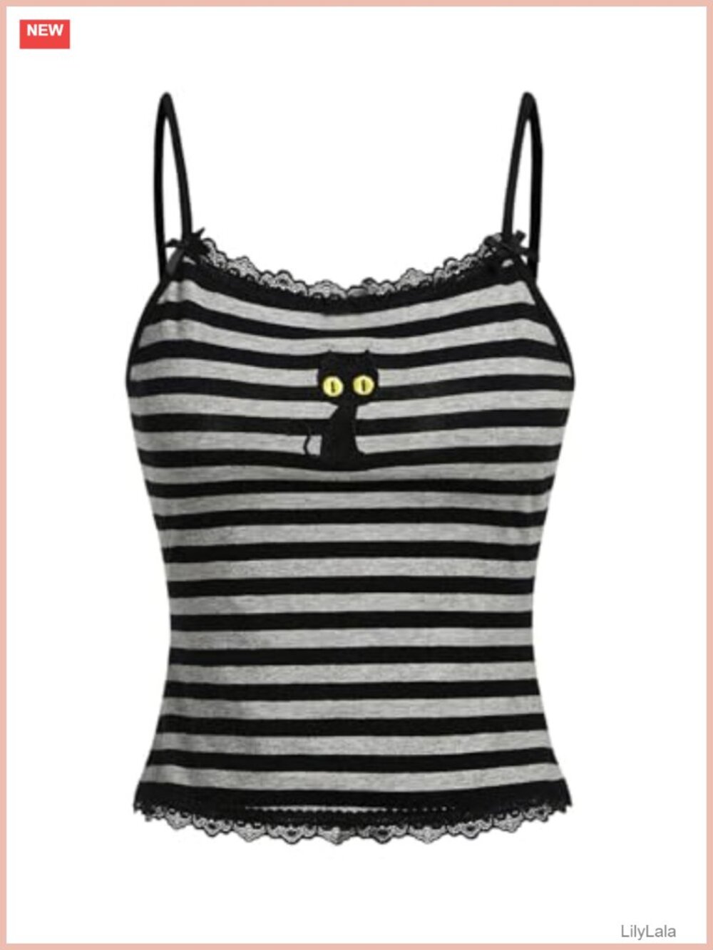 Y2K Lace Striped Cami Crop Top Cat Embroidery Gothic Spaghetti Strap